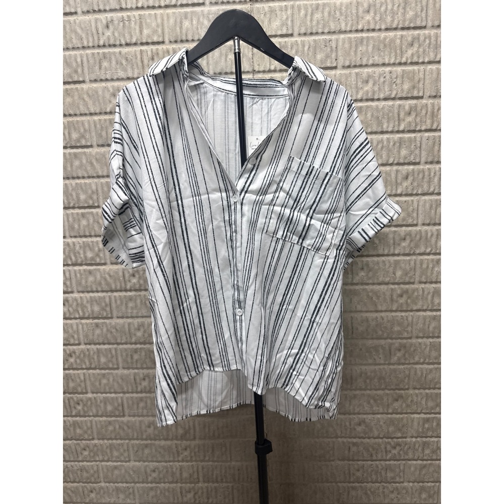 Cupshe White Black Striped Button Down Short Sleeve High Low Shirt New